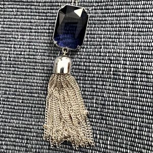 Silvertone Necklace w/Blue Pendant and Tassels, 20 in. Lobster Clasp, Adjustable